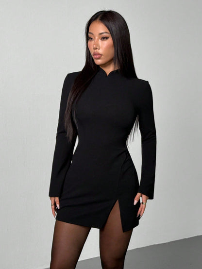 PETITE Women's Black Winter Elegant Seductive Date Night Out Dress,Vintage Stand Collar Flared Cuff Fitted Split Thigh Dress For Valentine's Day Party Outfit,Petite Women