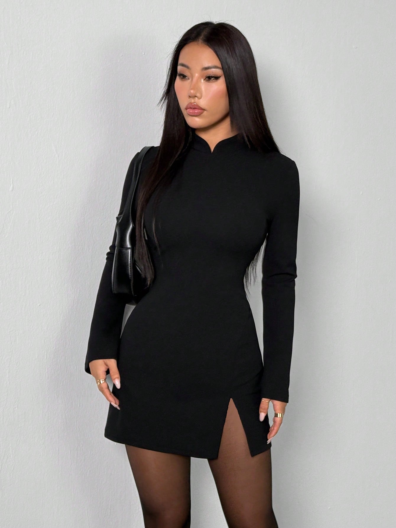 PETITE Women's Black Winter Elegant Seductive Date Night Out Dress,Vintage Stand Collar Flared Cuff Fitted Split Thigh Dress For Valentine's Day Party Outfit,Petite Women