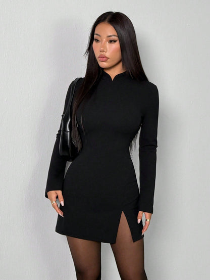 PETITE Women's Black Winter Elegant Seductive Date Night Out Dress,Vintage Stand Collar Flared Cuff Fitted Split Thigh Dress For Valentine's Day Party Outfit,Petite Women