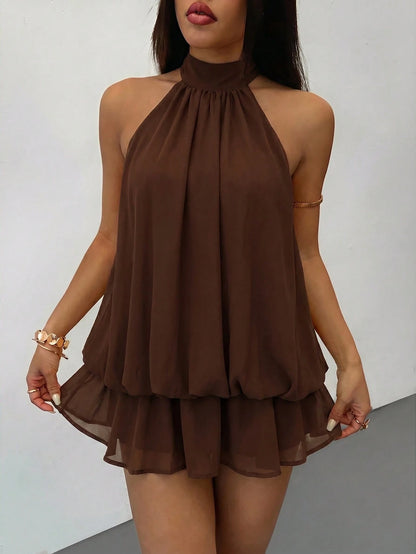PETITE Women's Elegant Pale Yellow Halter Neck Tie Mini Dress, Party & Date Outfit, Suitable For Autumn/Winter And Spring/Summer, Elegant Dresses For Women, Elegant Dress Women, Elegant Dresses