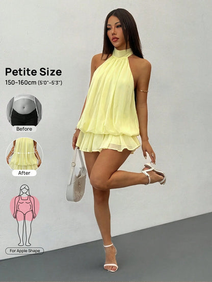 PETITE Women's Elegant Pale Yellow Halter Neck Tie Mini Dress, Party & Date Outfit, Suitable For Autumn/Winter And Spring/Summer, Elegant Dresses For Women, Elegant Dress Women, Elegant Dresses