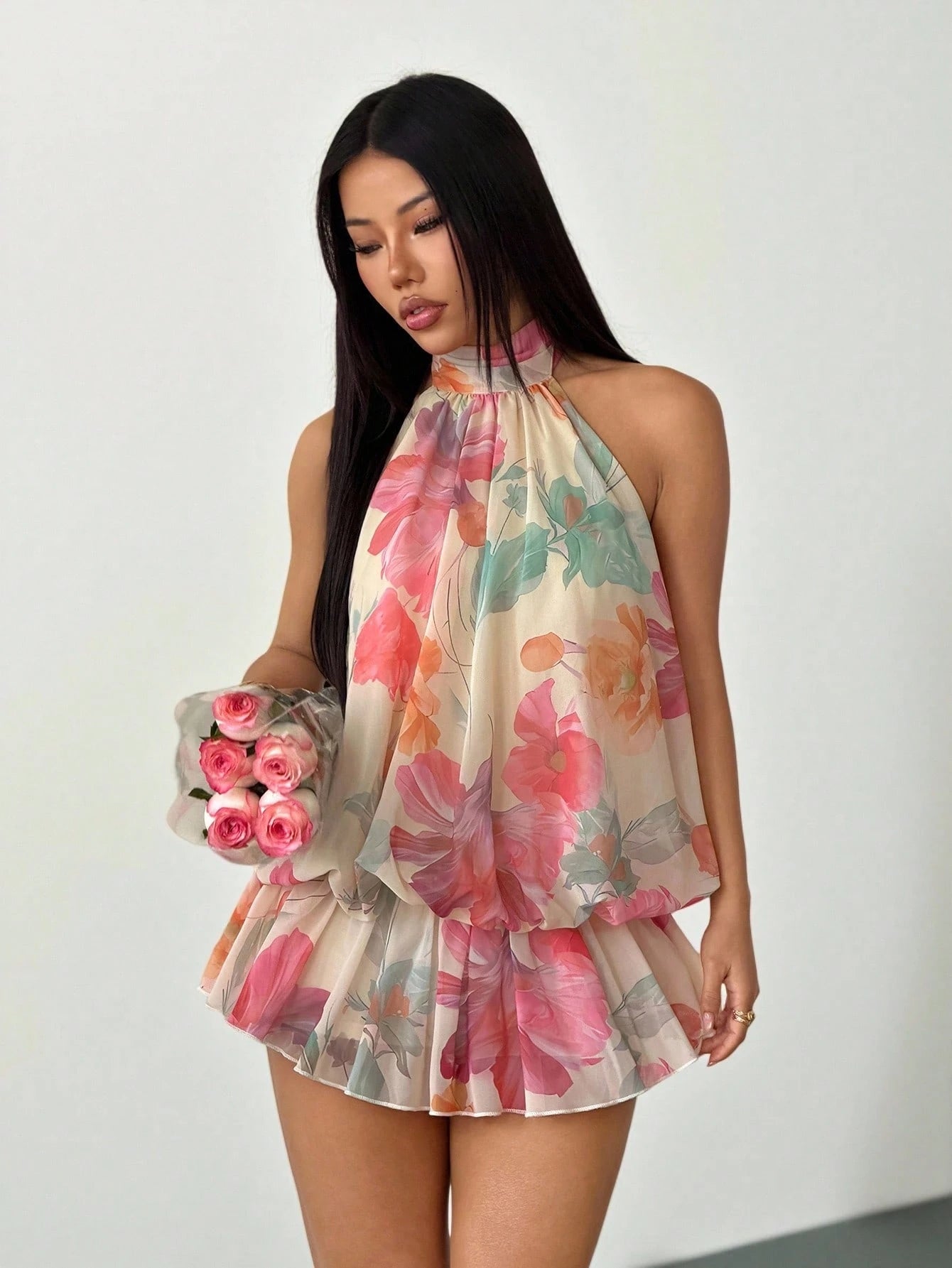 PETITE Women's Elegant Sexy Beige Halter Tie Mini Dress Summer Dress Vacation Dresses Floral Dress,Summer Dresses For Women,Petite Women Party Vacation