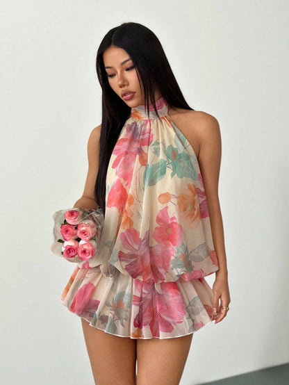 PETITE Women's Elegant Sexy Beige Halter Tie Mini Dress Summer Dress Vacation Dresses Floral Dress,Summer Dresses For Women,Petite Women Party Vacation