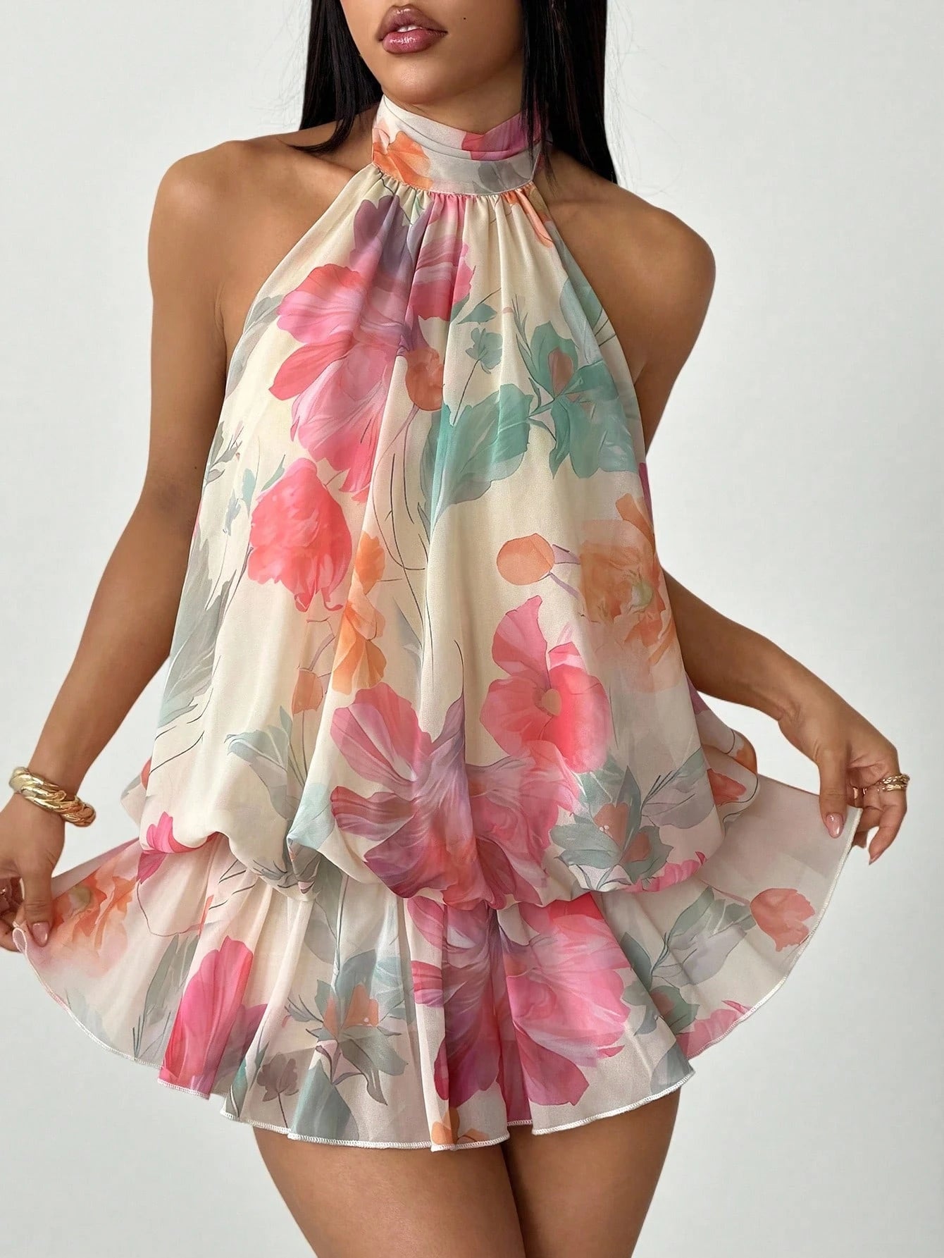 PETITE Women's Elegant Sexy Beige Halter Tie Mini Dress Summer Dress Vacation Dresses Floral Dress,Summer Dresses For Women,Petite Women Party Vacation