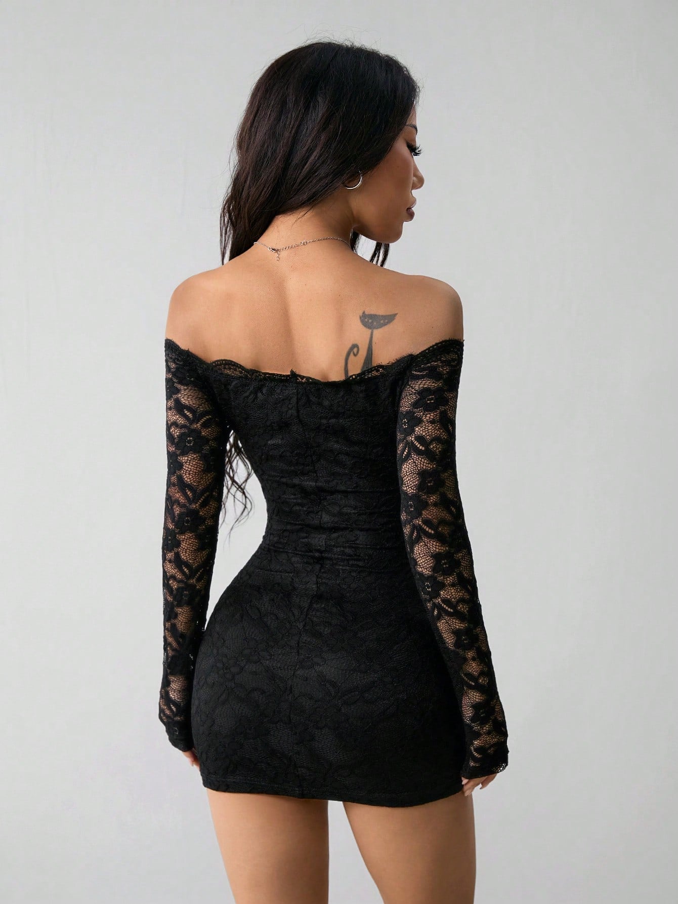 PETITE Women's Off-Shoulder Long Sleeve Lace Patchwork Mini Dress,Autumn Dresses Clothes Black Floral,Petite Women Night Out Date Night Sexy