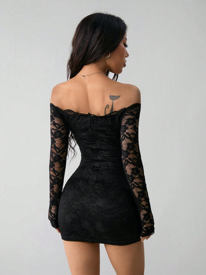 PETITE Women's Off-Shoulder Long Sleeve Lace Patchwork Mini Dress,Autumn Dresses Clothes Black Floral,Petite Women Night Out Date Night Sexy