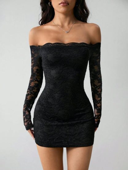 PETITE Women's Off-Shoulder Long Sleeve Lace Patchwork Mini Dress,Autumn Dresses Clothes Black Floral,Petite Women Night Out Date Night Sexy