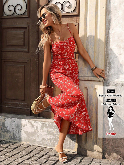 PETITE Women's Summer Fashion Holiday Red Floral Print Spaghetti Strap Sexy Backless Waist Fitted Fishtail Dress,Petite Women