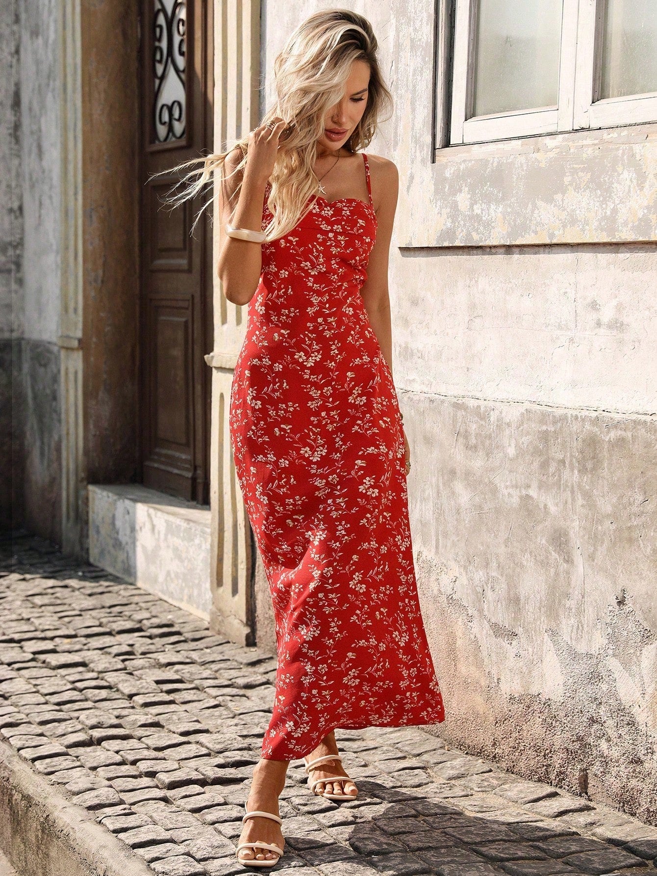 PETITE Women's Summer Fashion Holiday Red Floral Print Spaghetti Strap Sexy Backless Waist Fitted Fishtail Dress,Petite Women