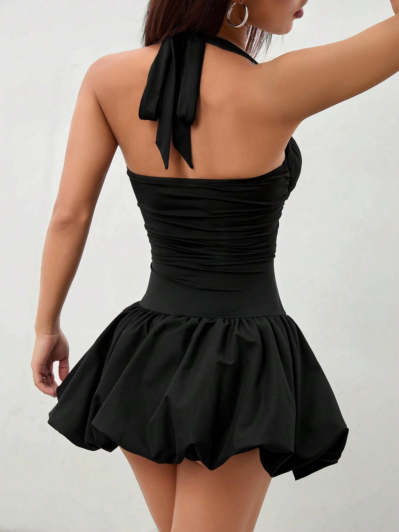 PETITE Women's Tie Neck Backless Solid Color Simple Casual Sexy Mini Bubble Dress, Summer Sun Spring Clothes, Petite Club Party Night Black
