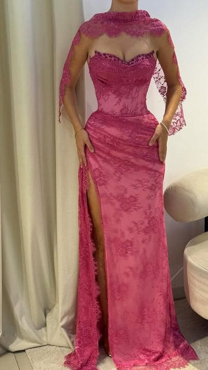 Pink A Line Sweetheart Neck Beaded Lace Prom Dress Evening Dress With Slit,AST2306
