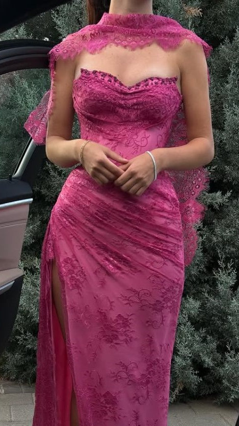 Pink A Line Sweetheart Neck Beaded Lace Prom Dress Evening Dress With Slit,AST2306