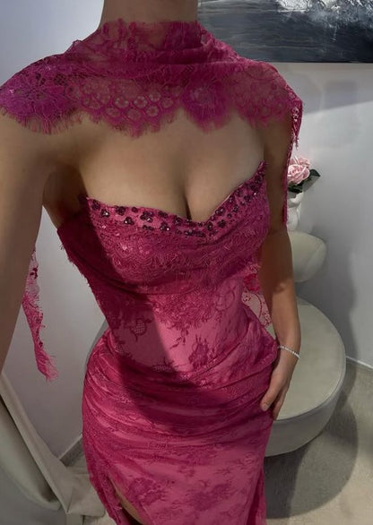 Pink A Line Sweetheart Neck Beaded Lace Prom Dress Evening Dress With Slit,AST2306