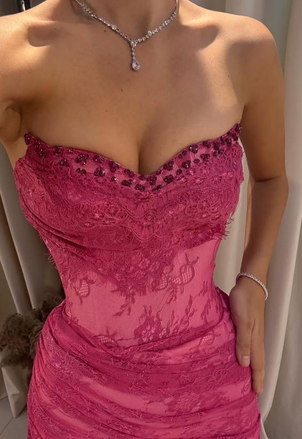 Pink A Line Sweetheart Neck Beaded Lace Prom Dress Evening Dress With Slit,AST2306