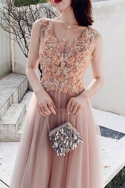 Pink A-line Tulle and Lace Long Formal Dress