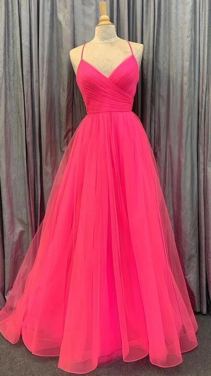 Pink A-Line Tulle Long Prom Dress,AST1608