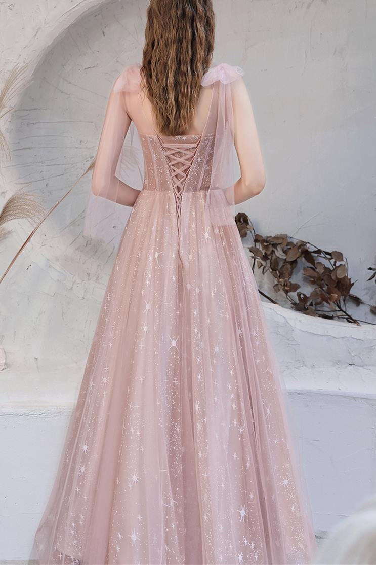 Pink A-line Tulle Long Prom Dress with Lace Up Back