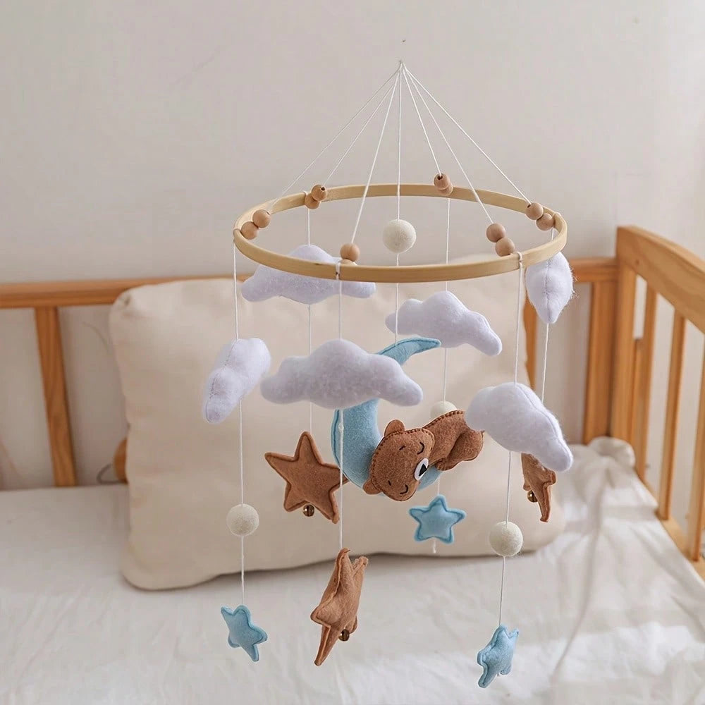Pink Bear & Gold Star Crib Mobile, Gender Neutral Nursery Hanging Handmade Crib Bell, Best Gift For Kids Christmas Birthday