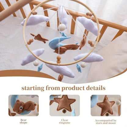 Pink Bear & Gold Star Crib Mobile, Gender Neutral Nursery Hanging Handmade Crib Bell, Best Gift For Kids Christmas Birthday