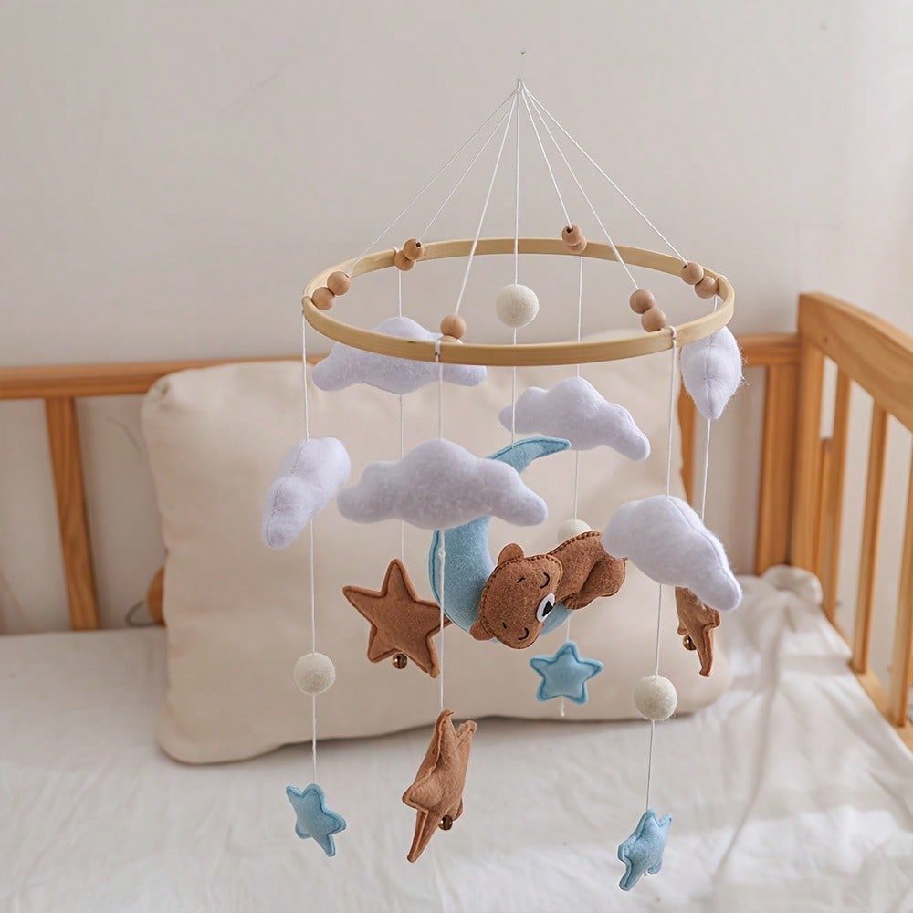 Pink Bear & Gold Star Crib Mobile, Gender Neutral Nursery Hanging Handmade Crib Bell, Best Gift For Kids Christmas Birthday