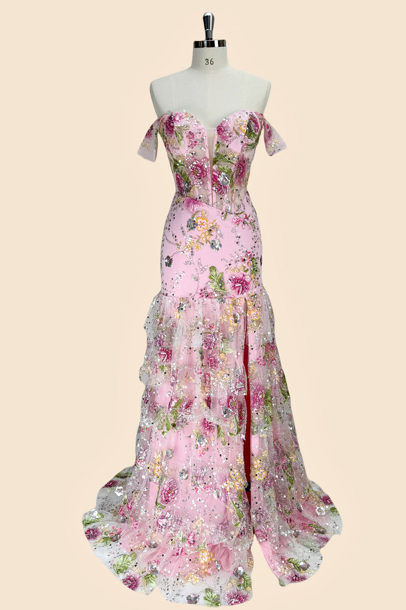 Pink Floral Off Shoulder Corset Mermaid Prom Dress with Slit and Lace Up Back
