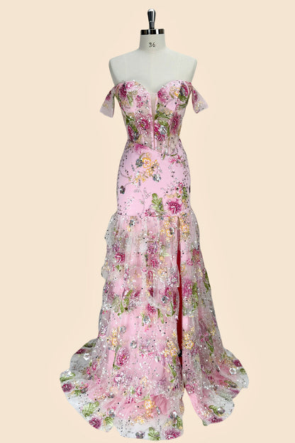 Pink Floral Off Shoulder Corset Mermaid Prom Dress with Slit and Lace Up Back