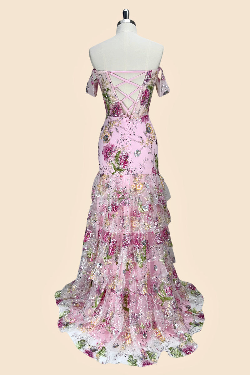 Pink Floral Off Shoulder Corset Mermaid Prom Dress with Slit and Lace Up Back