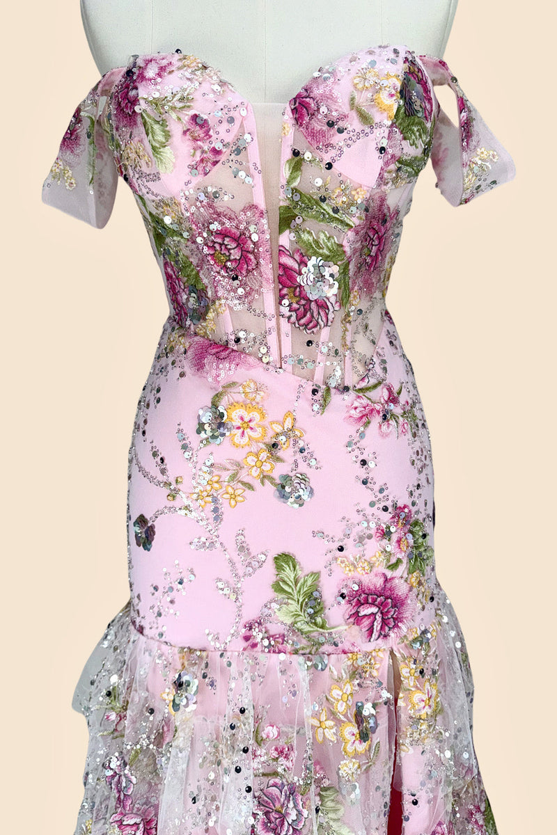 Pink Floral Off Shoulder Corset Mermaid Prom Dress with Slit and Lace Up Back