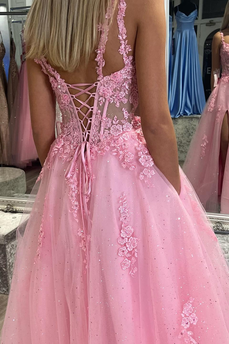 Pink Lace Appliques A-line Long Formal Dress