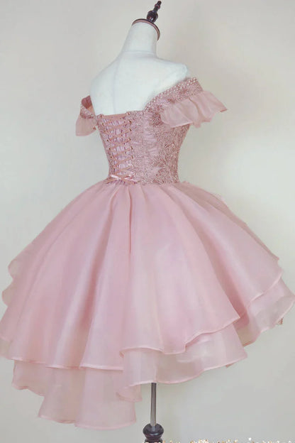 Pink Lace Homecoming Gown with Beading,Princess Off the Shoulder Hoco Dress,AST1203