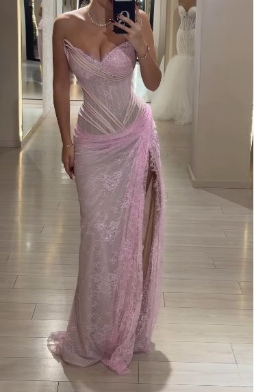 Pink Lace Mermaid Prom Dresses Senior Party Dress,AST2325