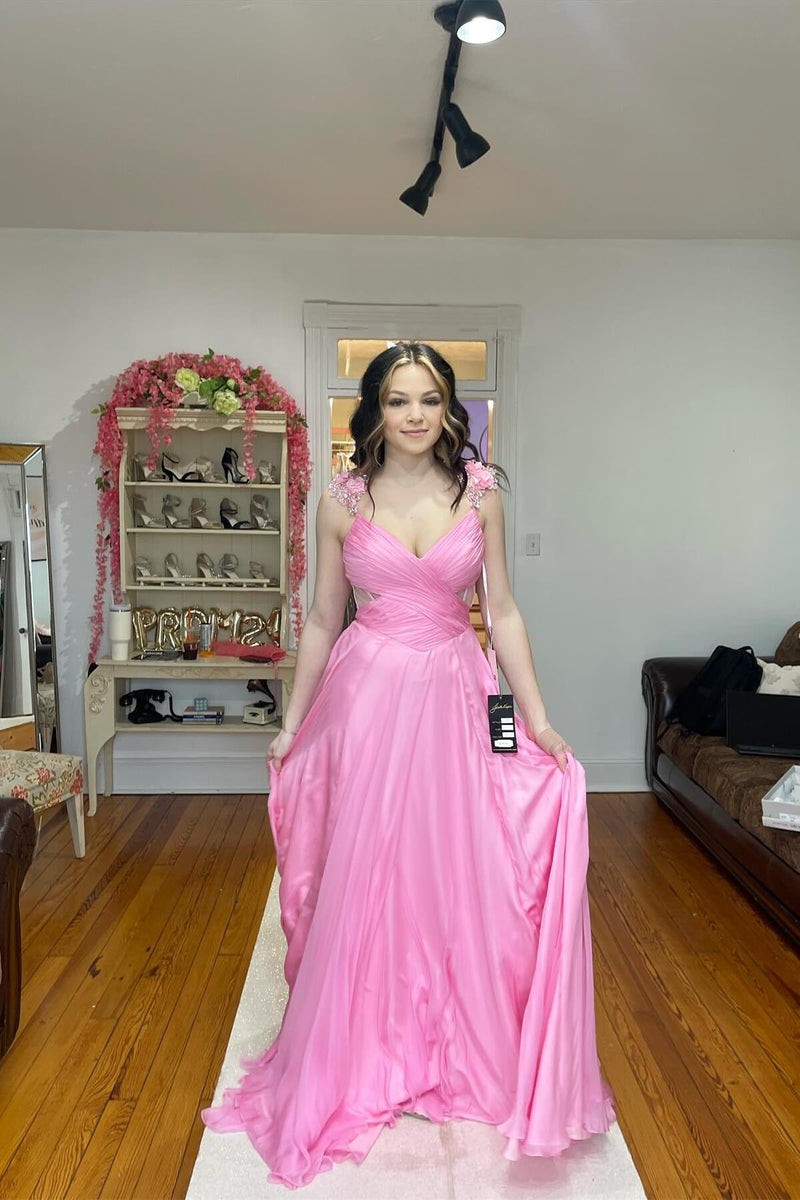 Pink Pleated Chiffon A-line Long Prom Dress