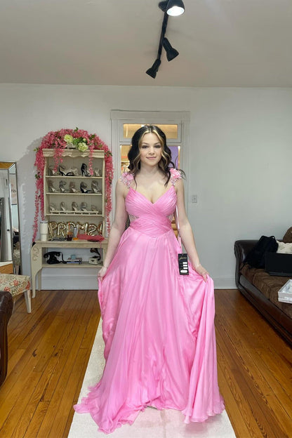 Pink Pleated Chiffon A-line Long Prom Dress