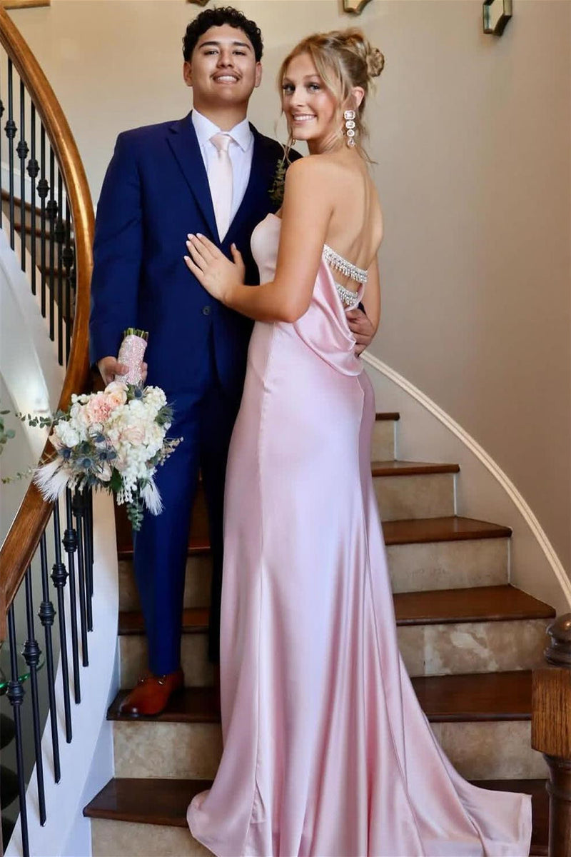Pink Strapless Fitted Long Prom Dress