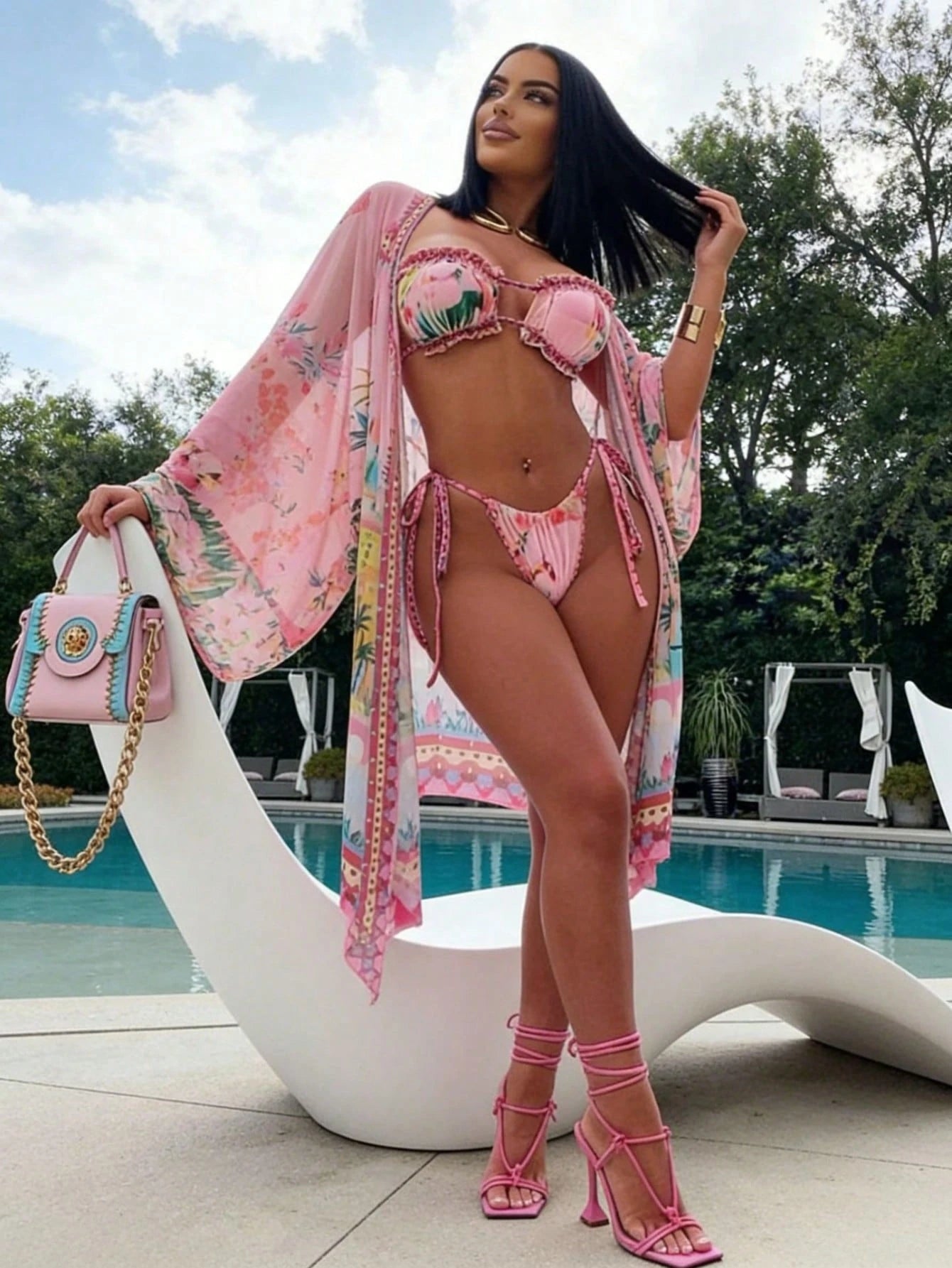 Pink Tropical Floral Print Fringe Trim Bikini + Kimono Cover Up 3 Piece Swimsuit Set For Beach Pool Vacation