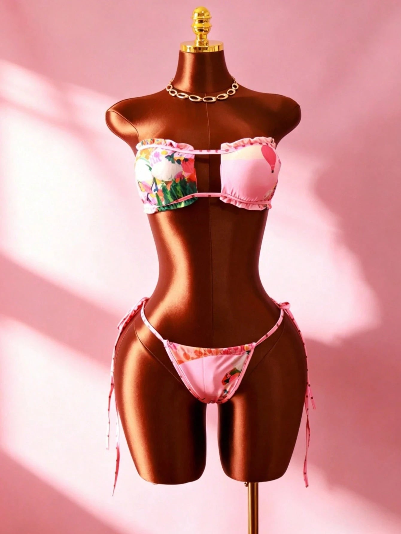 Pink Tropical Floral Print Fringe Trim Bikini + Kimono Cover Up 3 Piece Swimsuit Set For Beach Pool Vacation