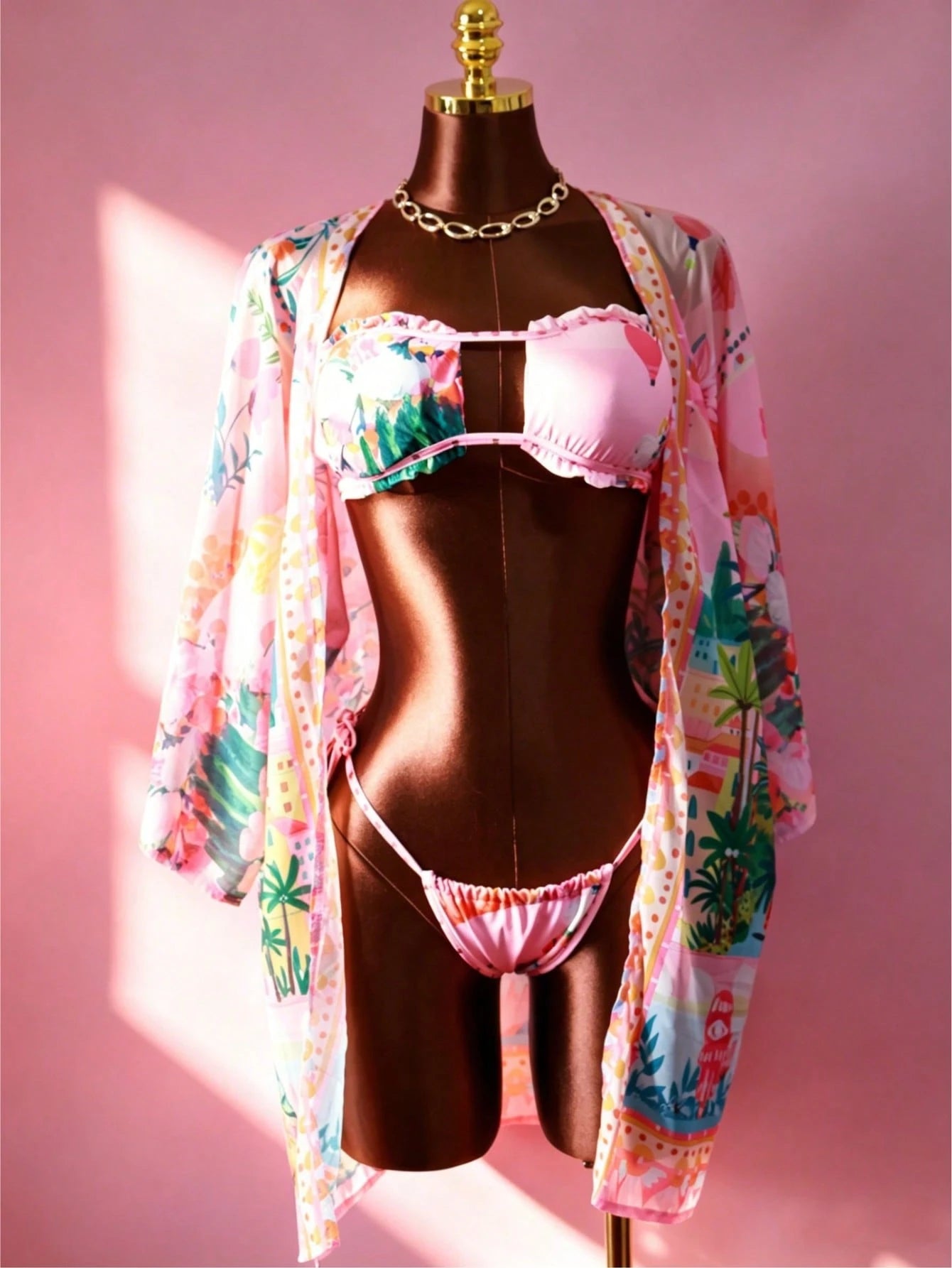 Pink Tropical Floral Print Fringe Trim Bikini + Kimono Cover Up 3 Piece Swimsuit Set For Beach Pool Vacation