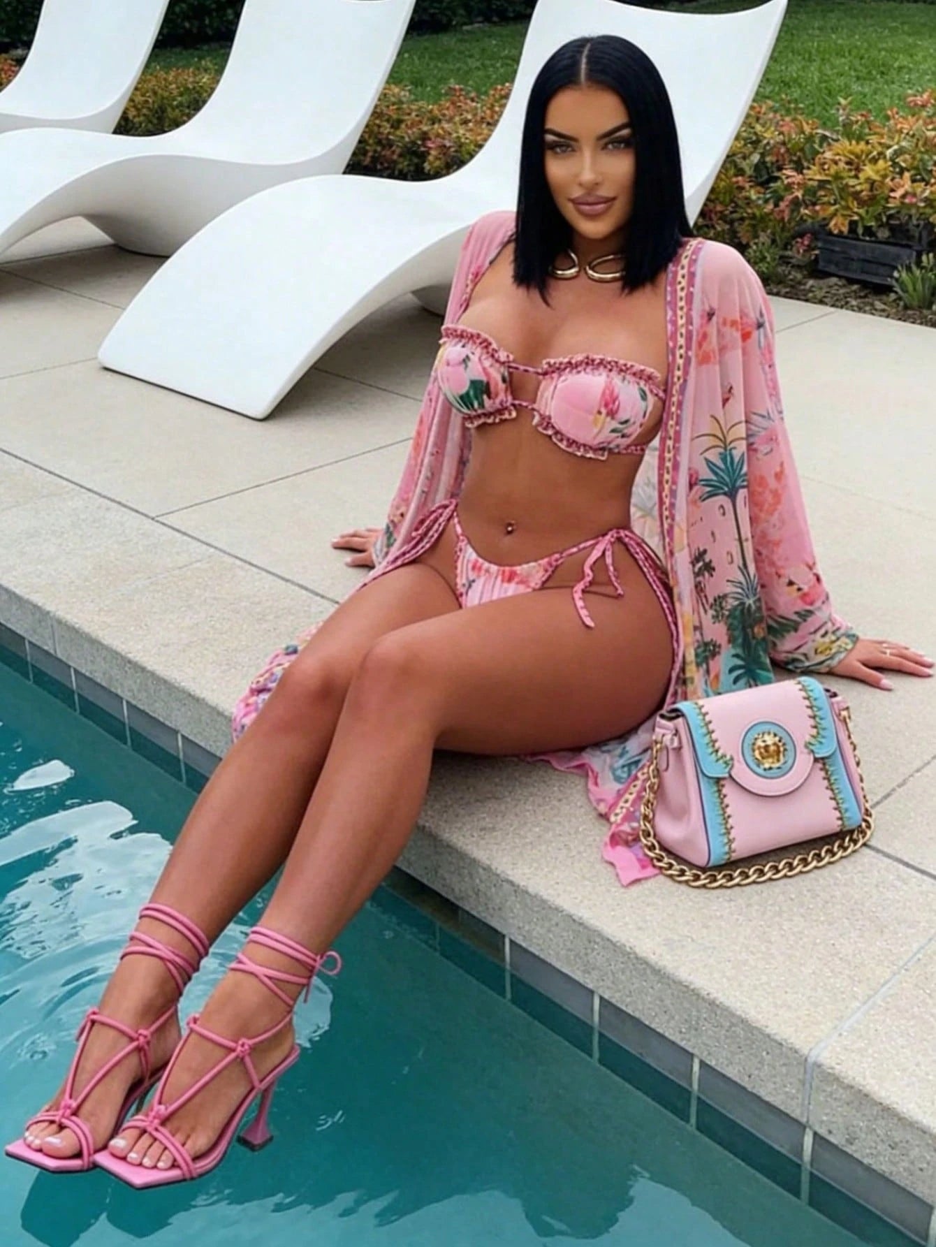 Pink Tropical Floral Print Fringe Trim Bikini + Kimono Cover Up 3 Piece Swimsuit Set For Beach Pool Vacation