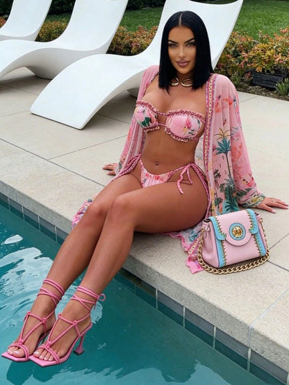 Pink Tropical Floral Print Fringe Trim Bikini + Kimono Cover Up 3 Piece Swimsuit Set For Beach Pool Vacation