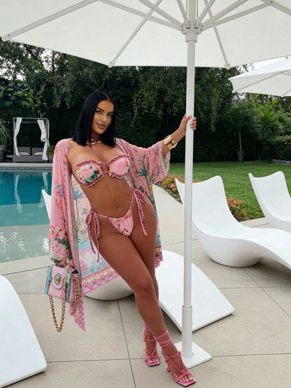 Pink Tropical Floral Print Fringe Trim Bikini + Kimono Cover Up 3 Piece Swimsuit Set For Beach Pool Vacation