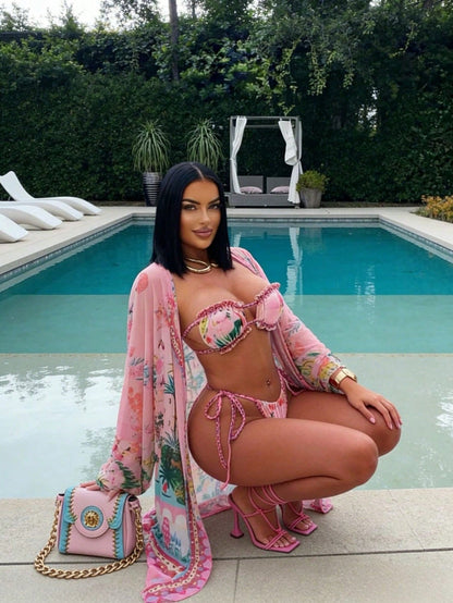 Pink Tropical Floral Print Fringe Trim Bikini + Kimono Cover Up 3 Piece Swimsuit Set For Beach Pool Vacation