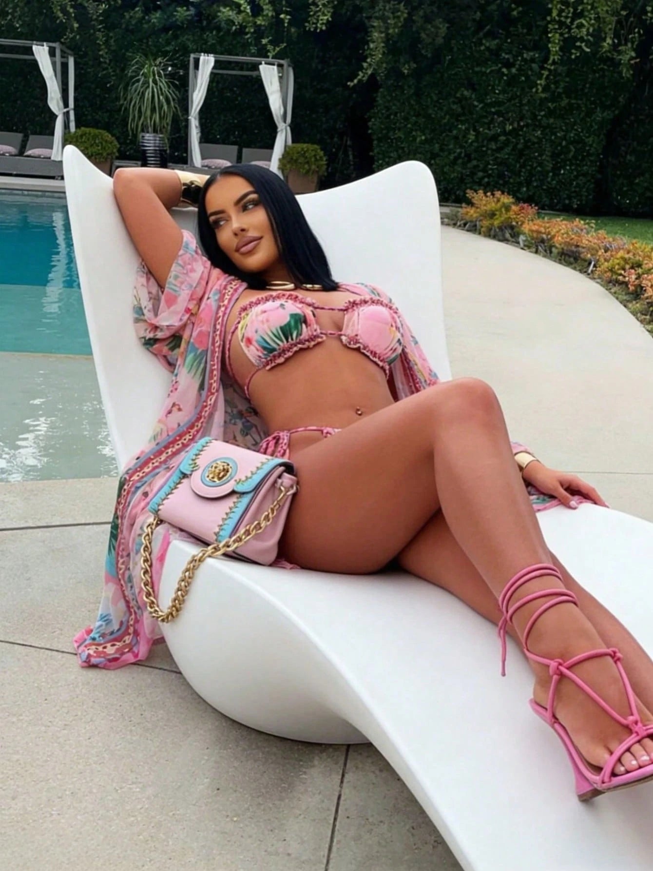 Pink Tropical Floral Print Fringe Trim Bikini + Kimono Cover Up 3 Piece Swimsuit Set For Beach Pool Vacation