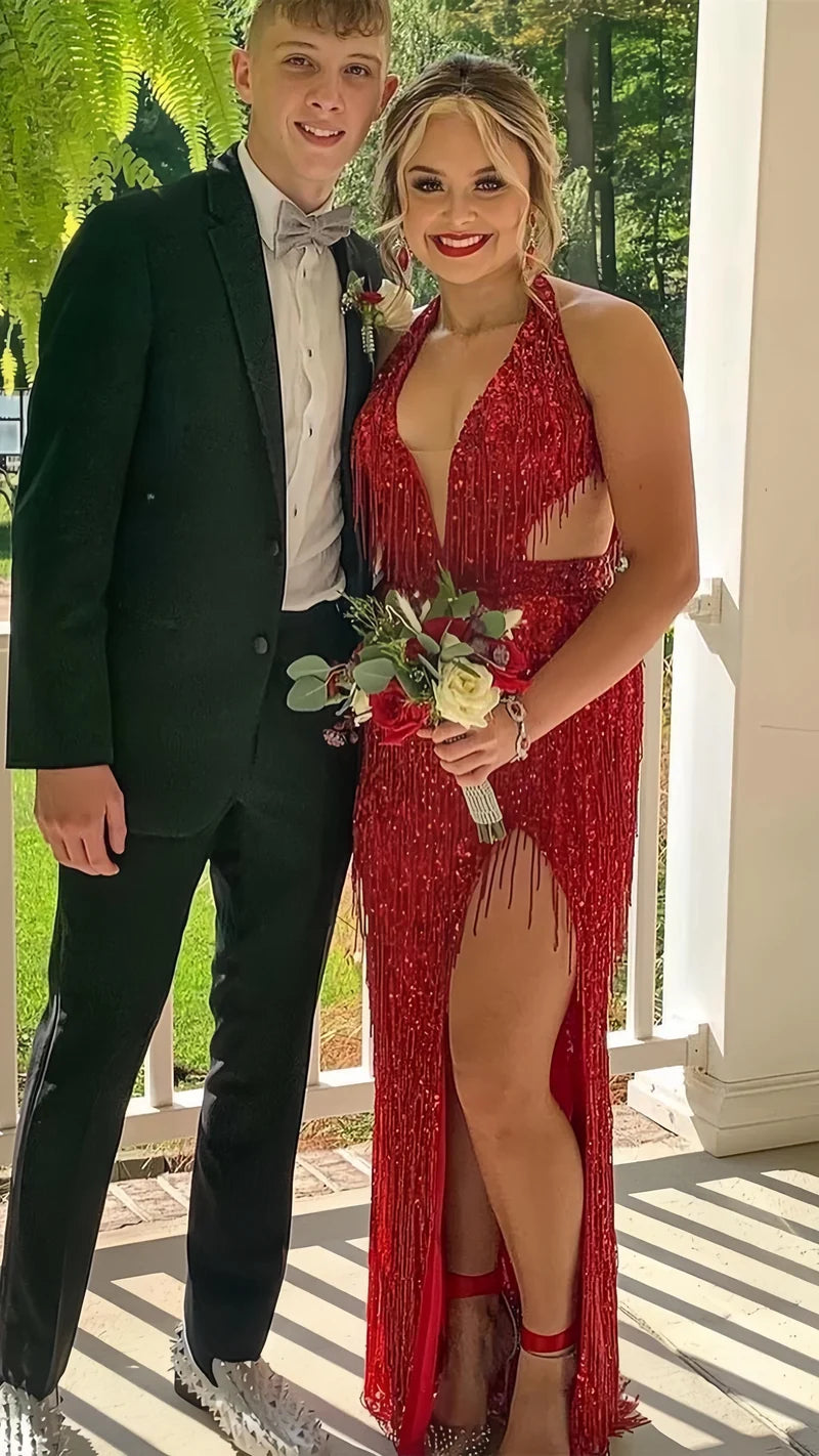 Pink V-Neck Tassel Sequined Prom Dresses V-Neck Mermaid Evening Dress With Slit,AST2205