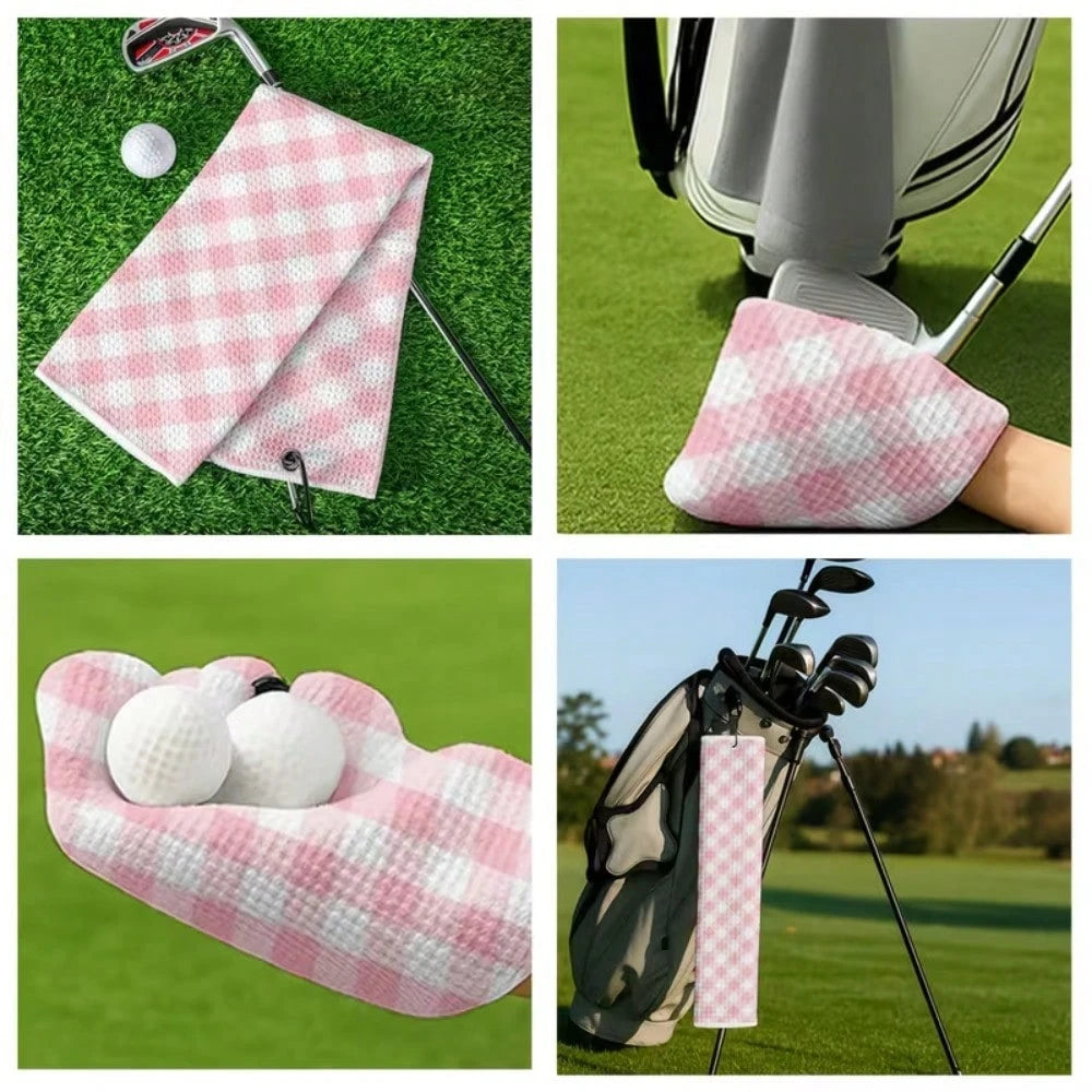 Pink Waffle Weave Golf Towel, 60cm X 40cm Printed Towel, High-Quality Golf Ball Towel, Quick-Dry, Highly Absorbent Waffle Weave Fabric, Easy To Clean, Machine Washable, Tri-Fold Portable Waffle Weave