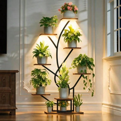 Plant Stand Indoor With Grow Lights- 8 Tiered Corner Flower Shelf Indoor 50" Tall Lighted Plant Stand For Indoor Multiple Plants, Flower Stands Display Rack Holder For House, Patio, Black