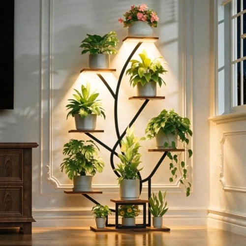 Plant Stand Indoor With Grow Lights- 8 Tiered Corner Flower Shelf Indoor 50" Tall Lighted Plant Stand For Indoor Multiple Plants, Flower Stands Display Rack Holder For House, Patio, Black