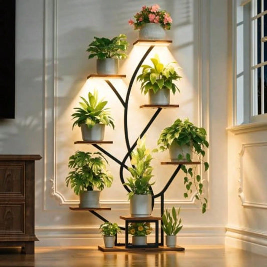 Plant Stand Indoor With Grow Lights- 8 Tiered Corner Flower Shelf Indoor 50" Tall Lighted Plant Stand For Indoor Multiple Plants, Flower Stands Display Rack Holder For House, Patio, Black