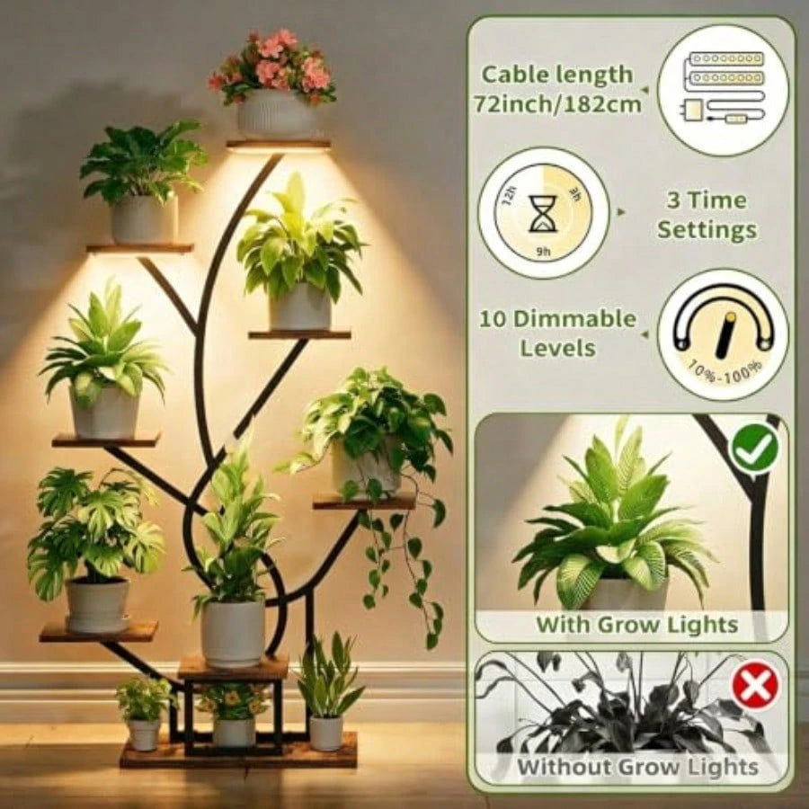 Plant Stand Indoor With Grow Lights- 8 Tiered Corner Flower Shelf Indoor 50" Tall Lighted Plant Stand For Indoor Multiple Plants, Flower Stands Display Rack Holder For House, Patio, Black