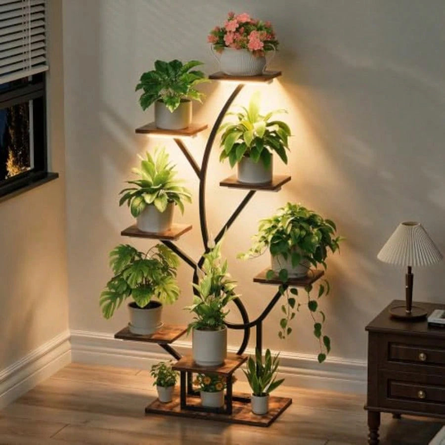 Plant Stand Indoor With Grow Lights- 8 Tiered Corner Flower Shelf Indoor 50" Tall Lighted Plant Stand For Indoor Multiple Plants, Flower Stands Display Rack Holder For House, Patio, Black