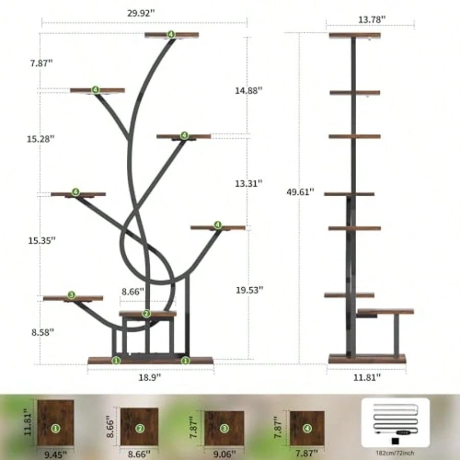 Plant Stand Indoor With Grow Lights- 8 Tiered Corner Flower Shelf Indoor 50" Tall Lighted Plant Stand For Indoor Multiple Plants, Flower Stands Display Rack Holder For House, Patio, Black